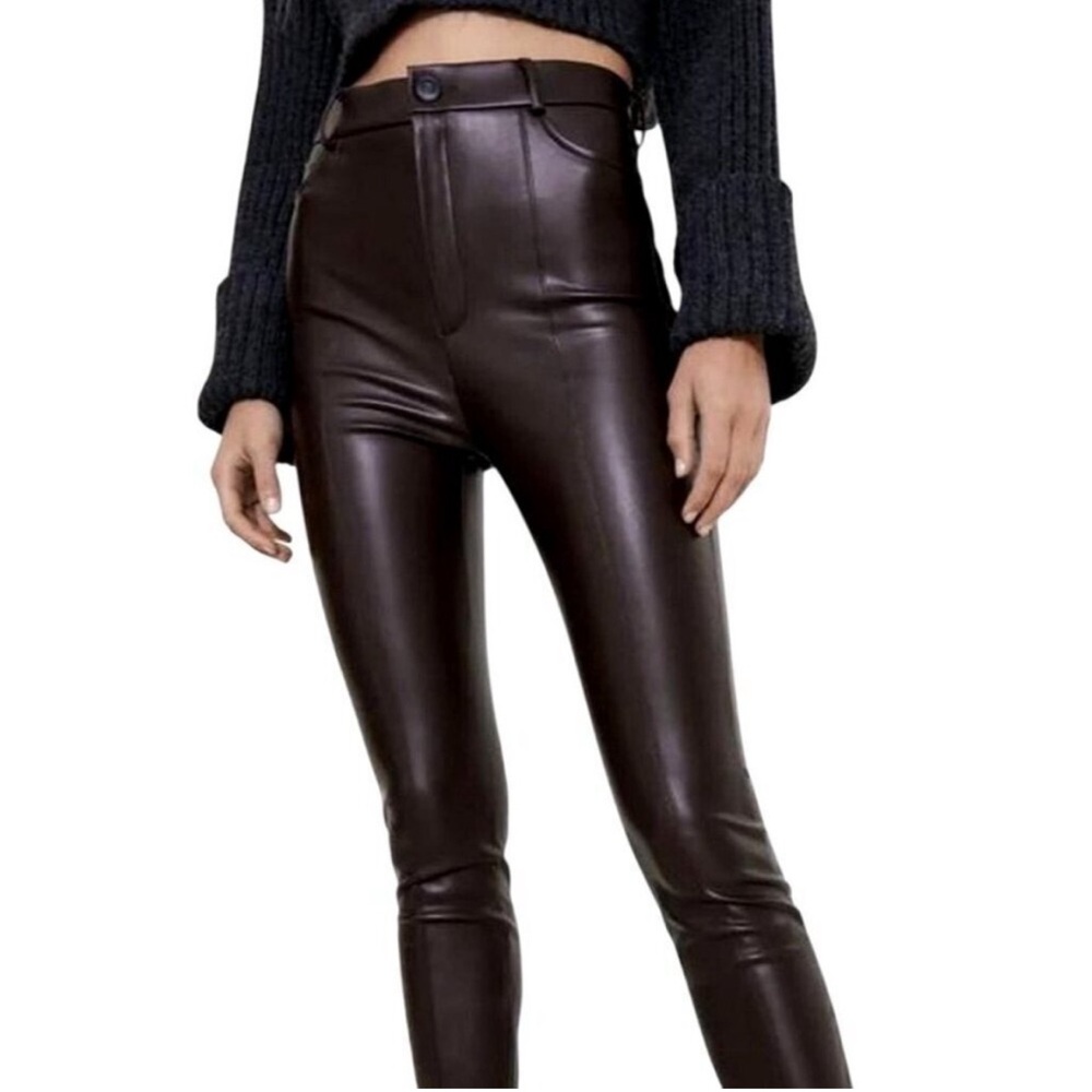 Zara Faux Leather Zip Ankle Leggings Size small High Rise Chocolate Brown Moto